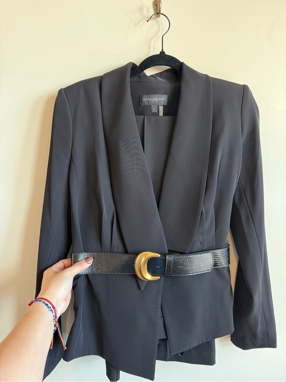 Donna Karan Black Suit with Gold Buckle Belt, Blazer size 6, Slacks size 2.